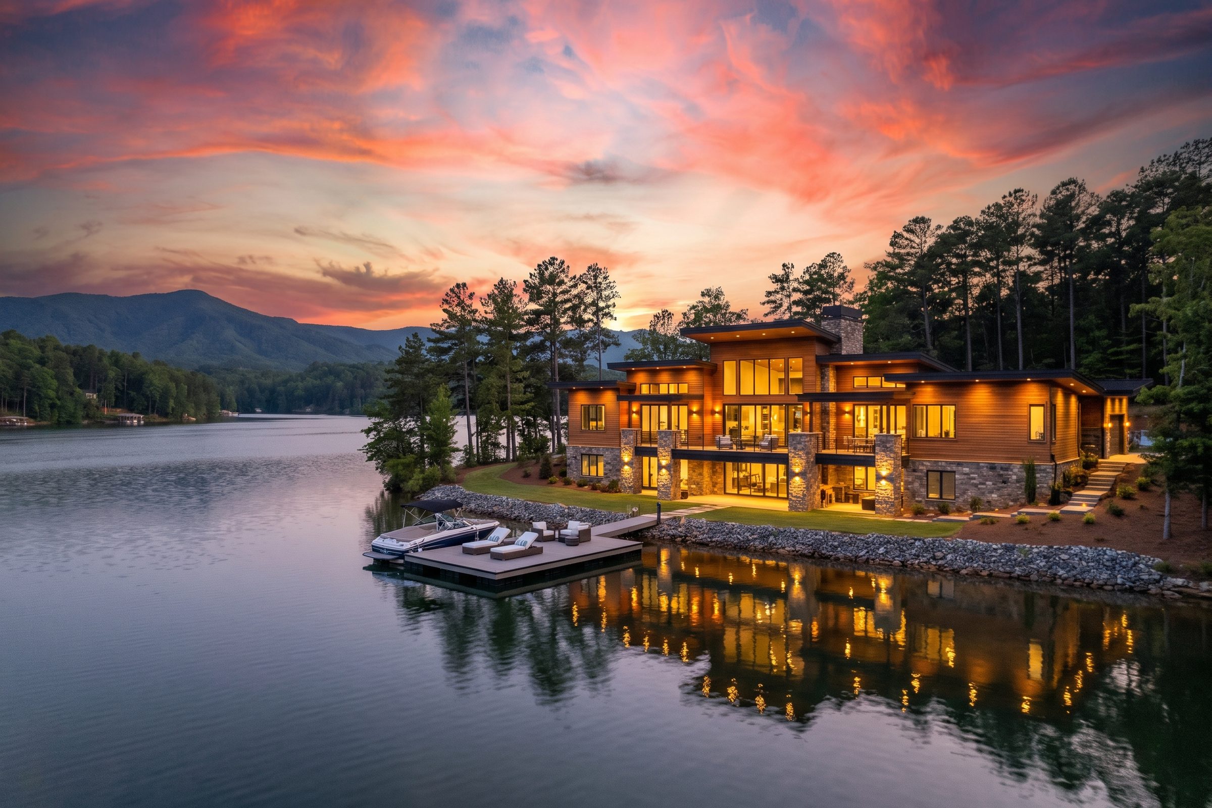 A lake in the North Carolina foothills at sunset with the Blue Ridge beyond
